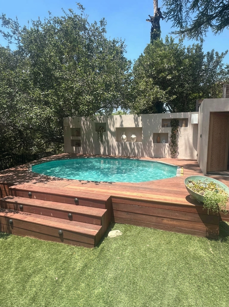 The pool filled with clear warm turquoise water, surrounded by cedar decking and oak trees