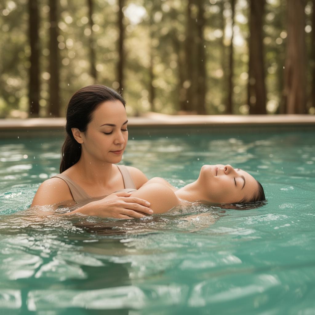 A practitioner gently cradling a client floating on their back in warm turquoise water